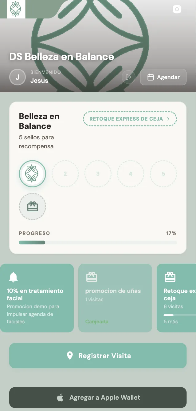 Tarjeta de lealtad digital de DS Belleza en Balance, estudio de belleza