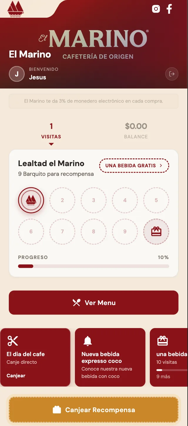 Tarjeta de lealtad digital de El Marino, cafetería de origen