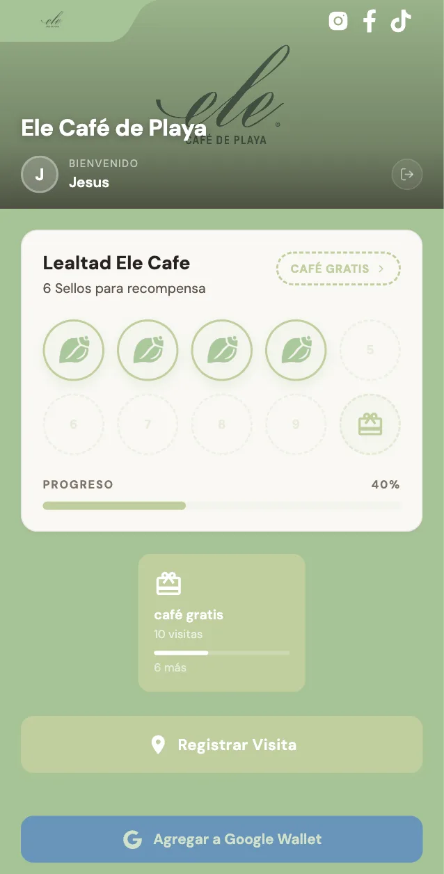 Tarjeta de lealtad digital de Ele Café de Playa, cafetería
