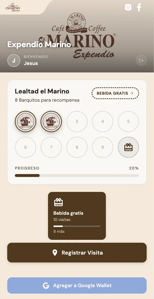 Tarjeta de lealtad digital de Expendio Marino, café y expendio