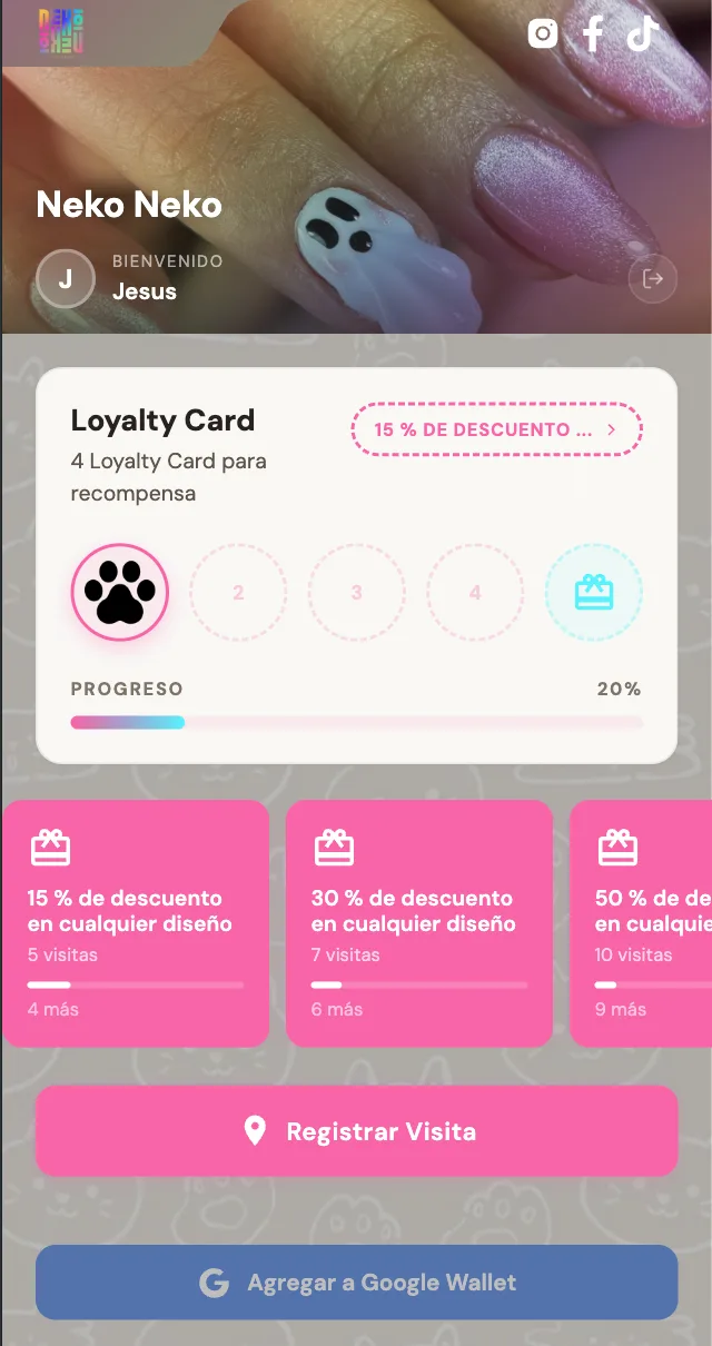 Tarjeta de lealtad digital de Neko Neko, estudio de uñas