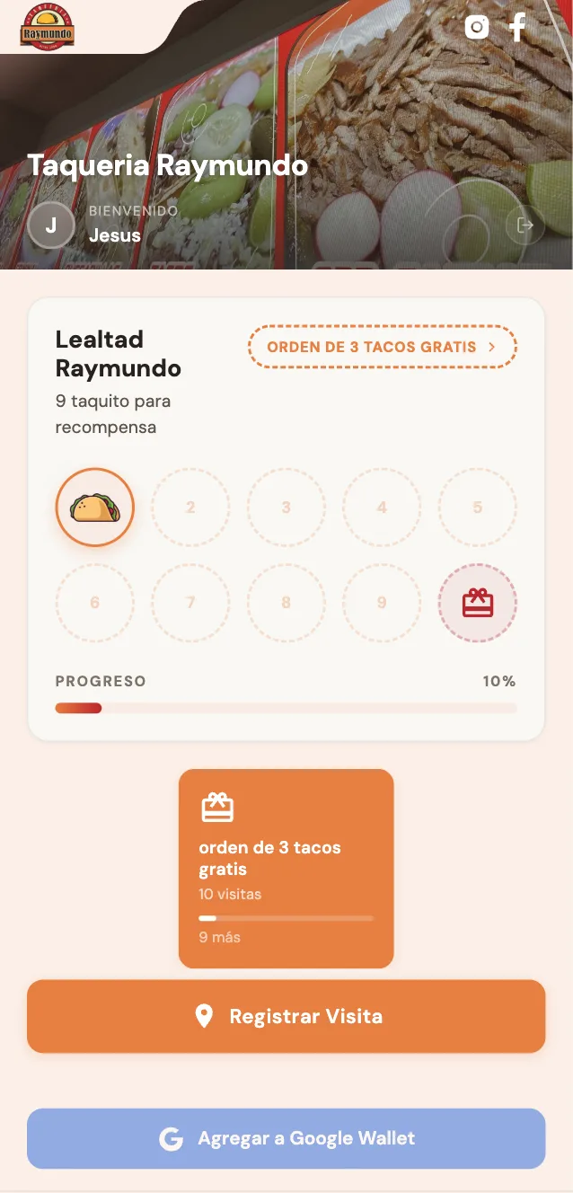 Tarjeta de lealtad digital de Taquería Raymundo